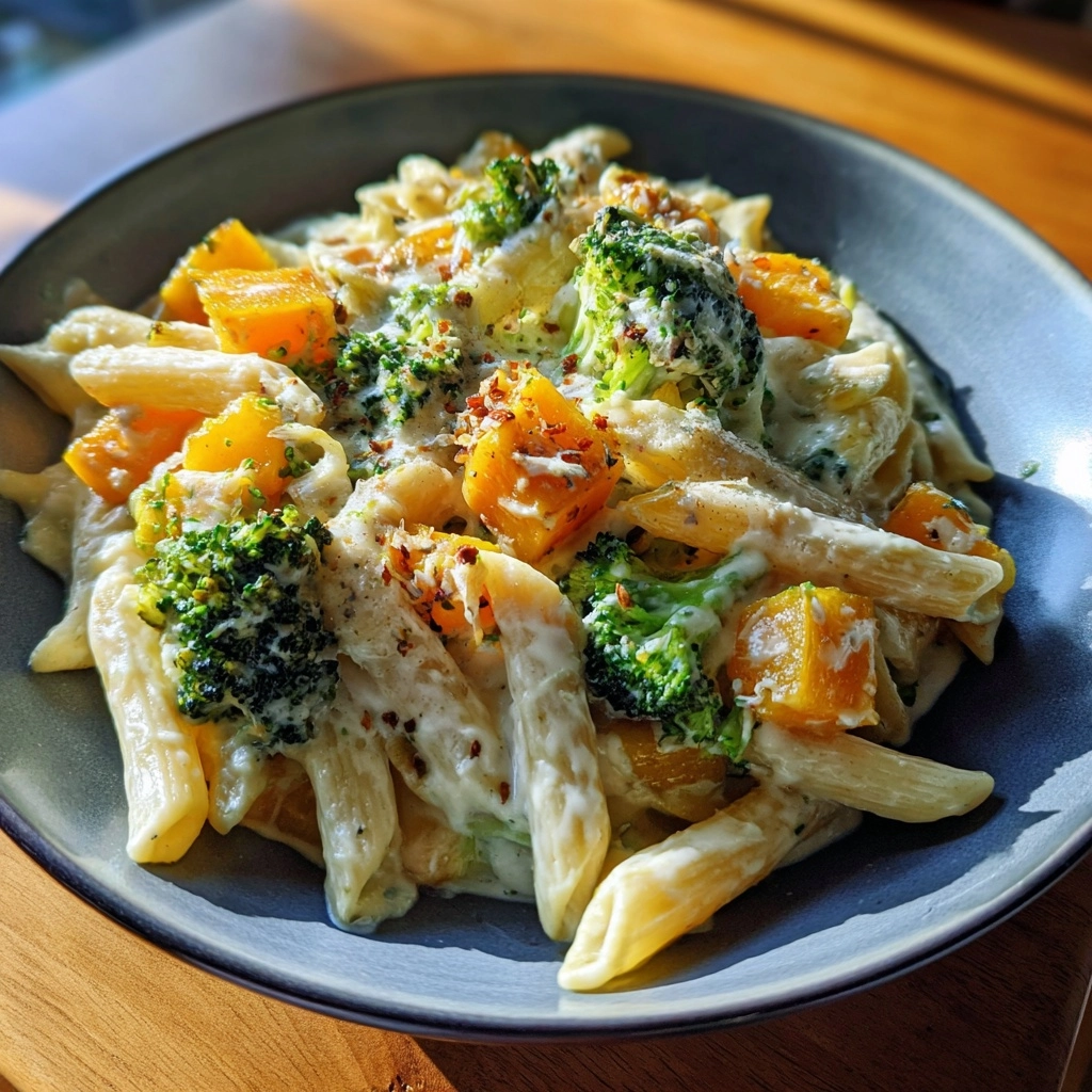 Butternut Squash Roasted Broccoli Alfredo Penne Skillet