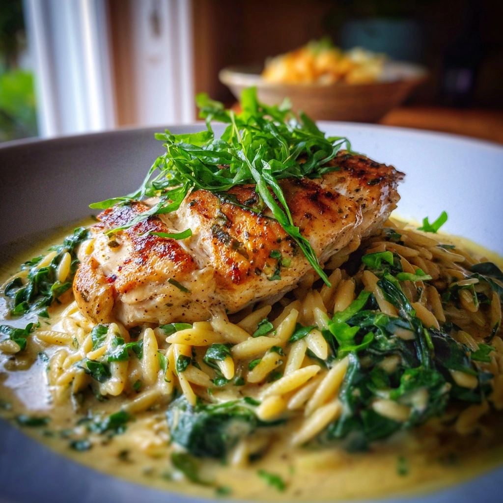 Creamy Lemon Chicken with Orzo Greens