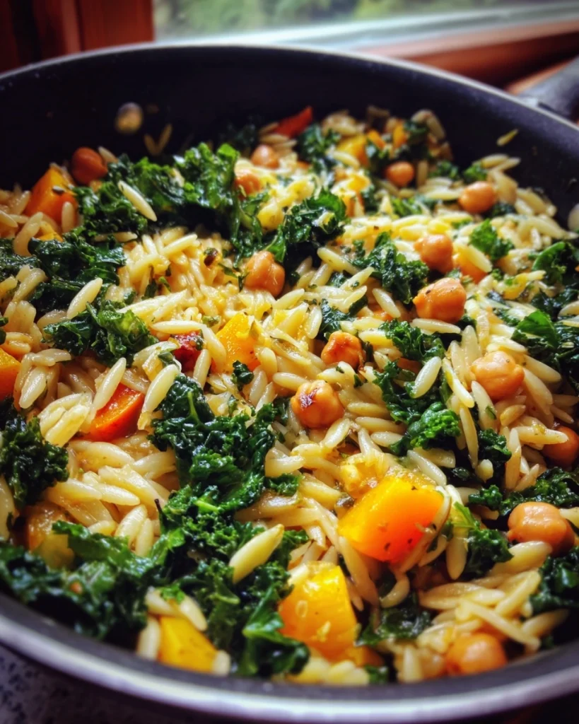 One Pot Fall Vegetable Orzo with Chickpeas and Kale