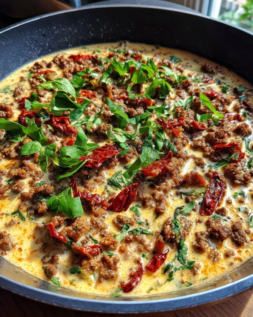 Creamy Tuscan Ground Beef Skillet with Sun-Dried Tomatoes