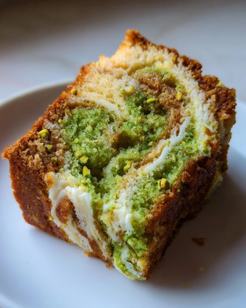 Pistachio Earthquake Cake with White Chocolate Cream Cheese Swirl